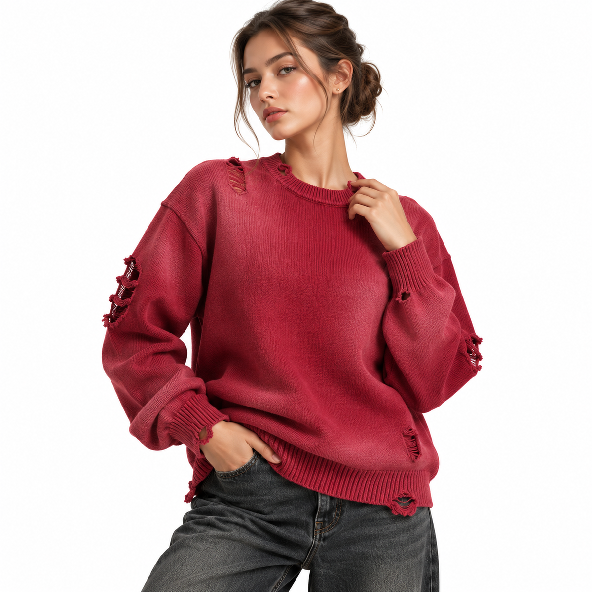 Sun Fade Distressed Ripped Crewneck sweater DistressedBerrySweaterFashionPortrait