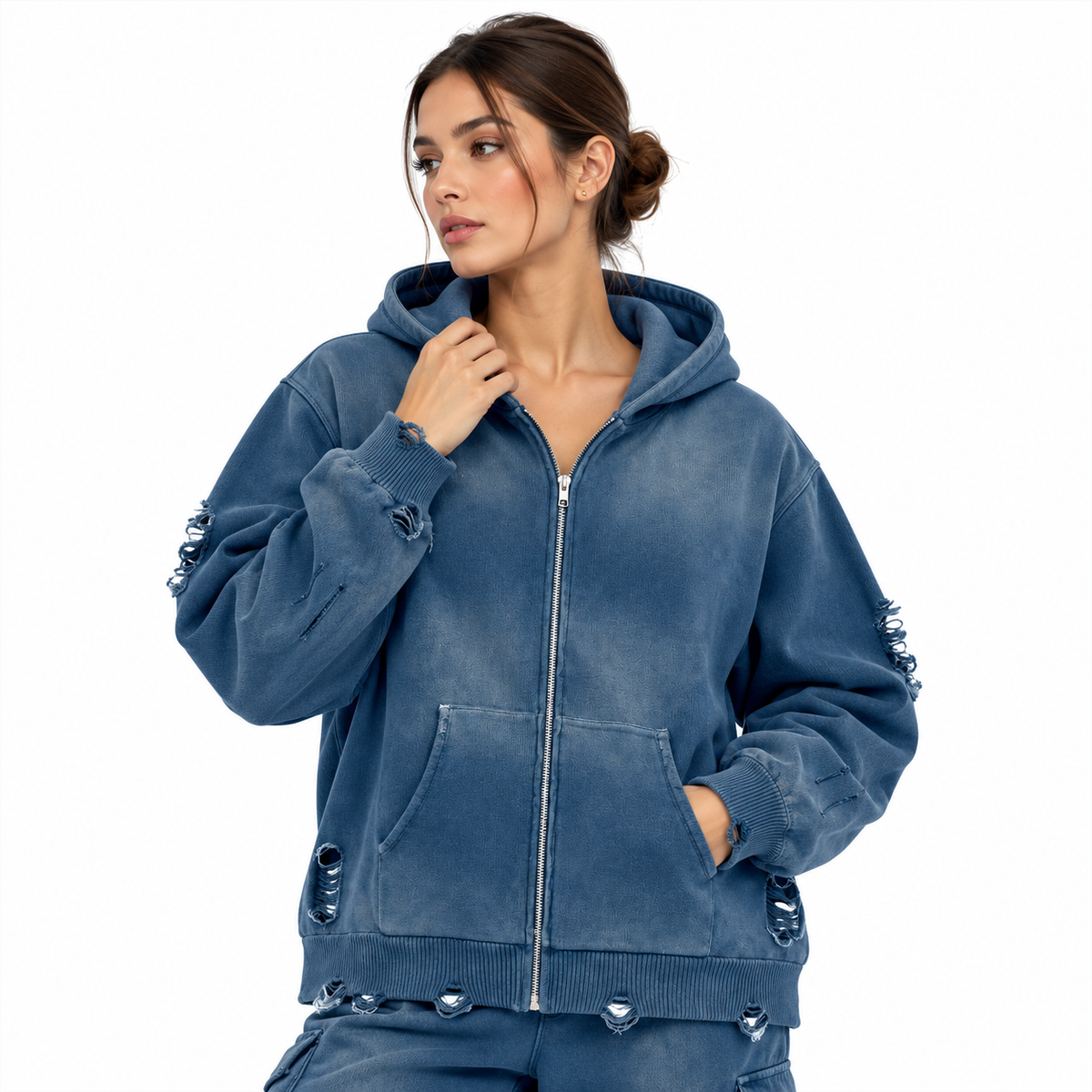Unisex Distressed Full Zip Sweater DistressedBlueDenimHoodiePortrait