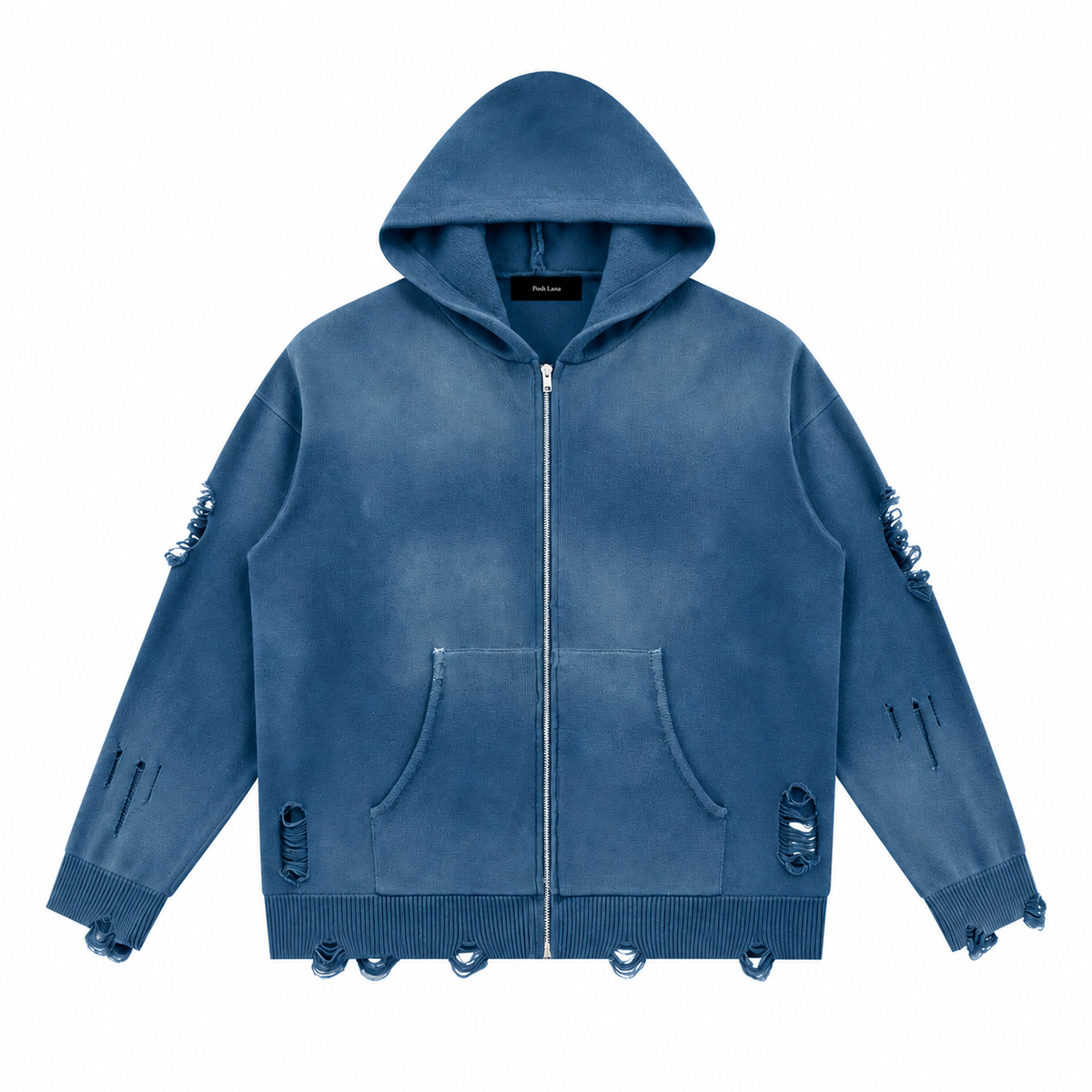 Unisex Distressed Full Zip Sweater Washed Blue DistressedBluePoshLanaHoodie