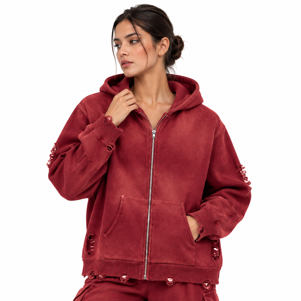 Unisex Distressed Full Zip Sweater DistressedBurgundyHoodieStudioPortrait