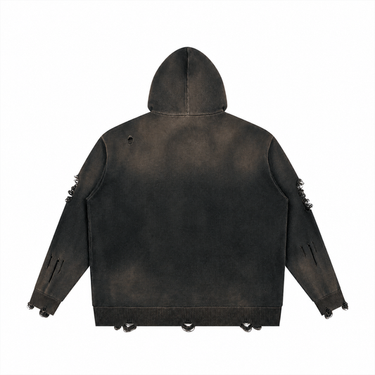 The Distressed Vintage-Wash Zip-Up Knit Hoodie DistressedCharcoalHoodieBackView