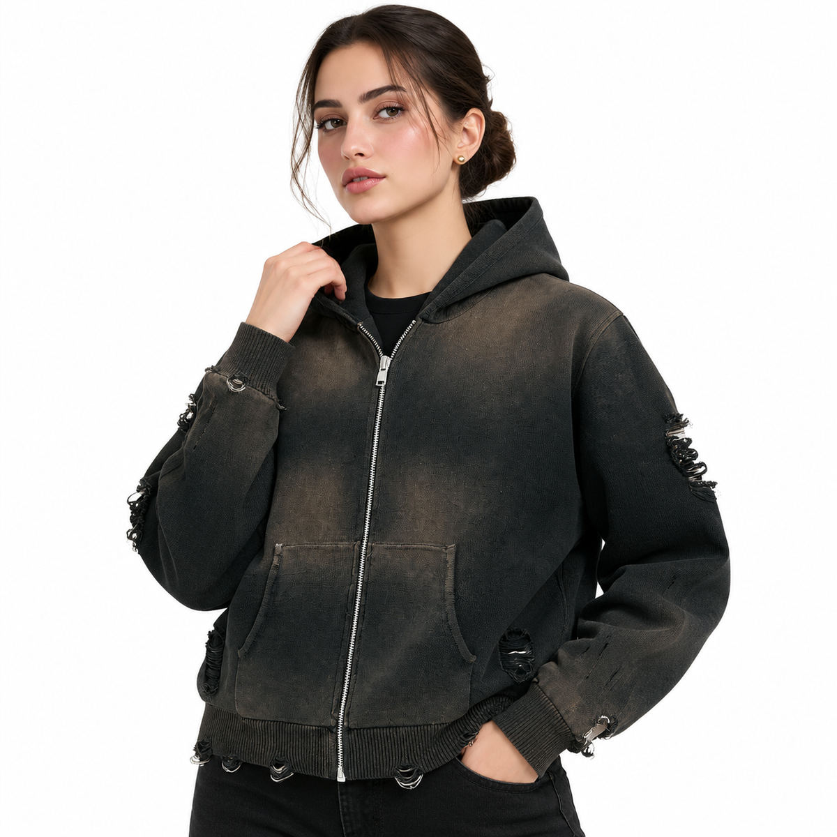 Unisex Distressed Full Zip Sweater DistressedCharcoalHoodiePortrait
