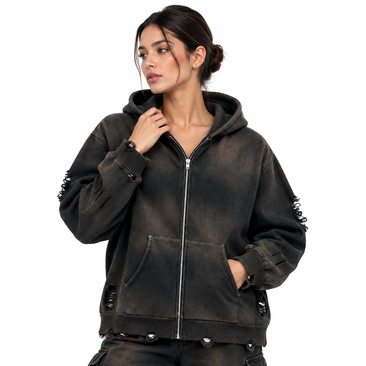 Unisex Distressed Full Zip Sweater DistressedCharcoalHoodieStudioPortrait