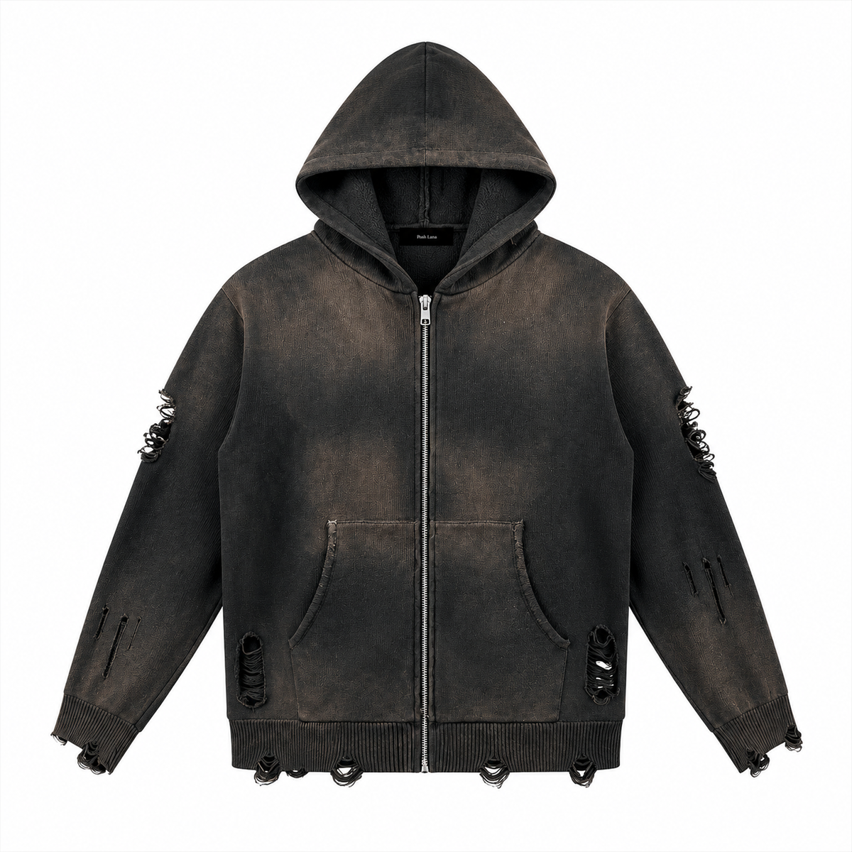 Unisex Distressed Full Zip Sweater Black DistressedCharcoalHoodiewithPoshLanaLabel