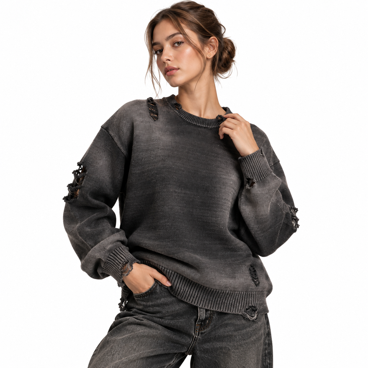 Sun Fade Distressed Ripped Crewneck sweater DistressedCharcoalKnitEditorialPortrait