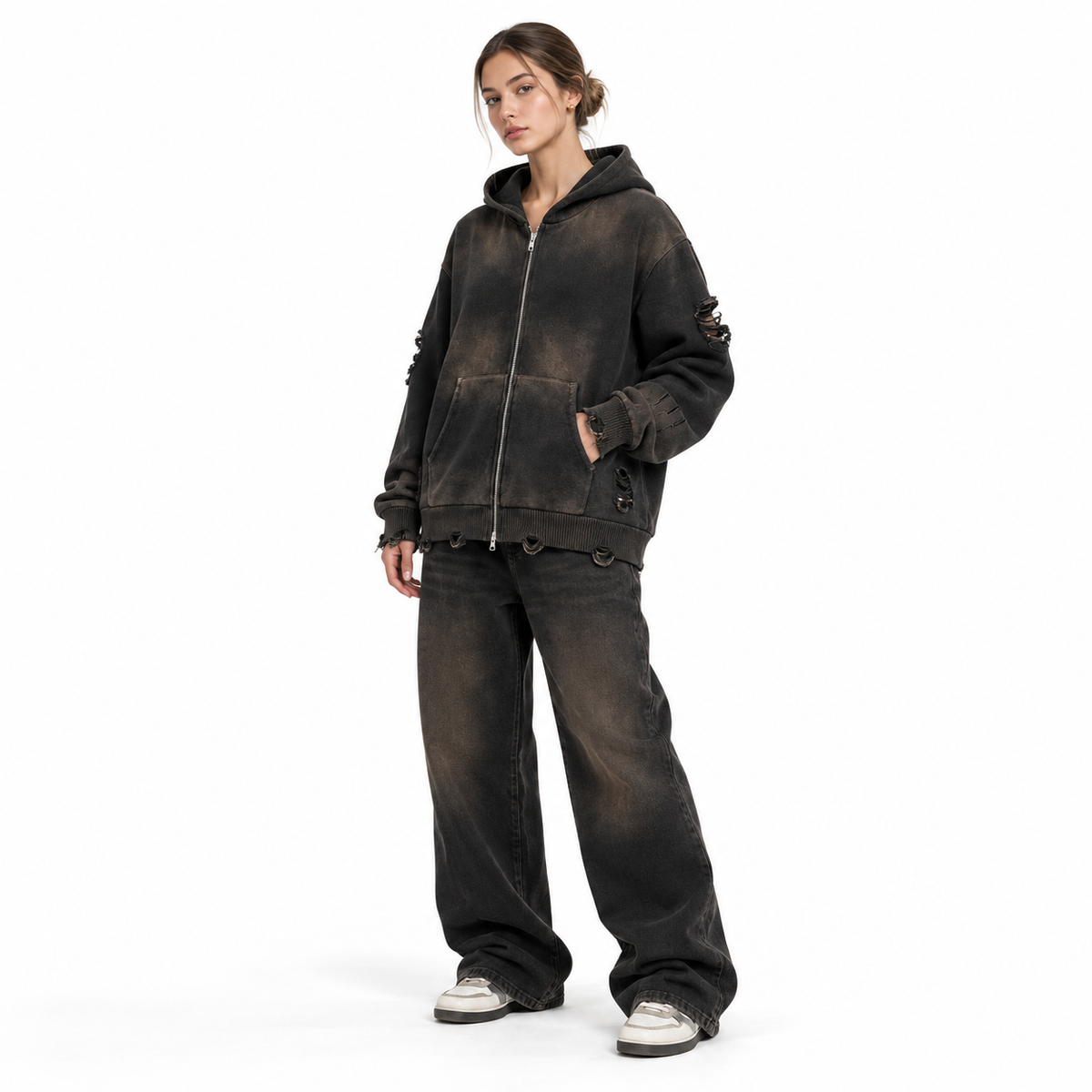 Unisex Distressed Full Zip Sweater DistressedCharcoalStreetwearPortrait