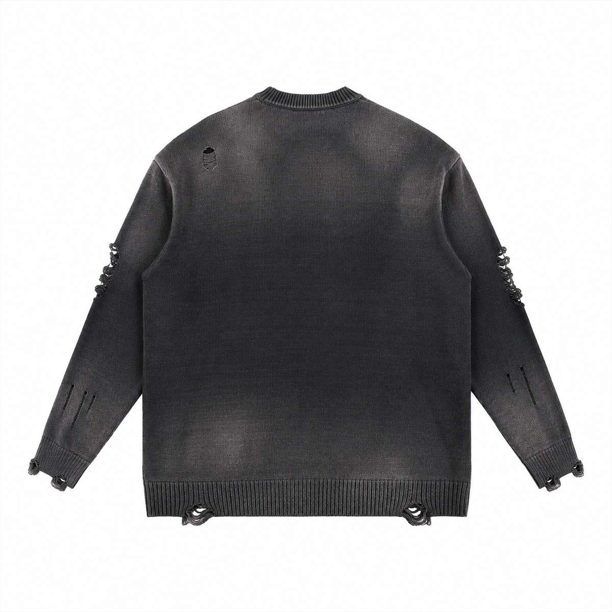 Sun Fade Distressed Ripped Crewneck sweater DistressedCharcoalSweaterBackView