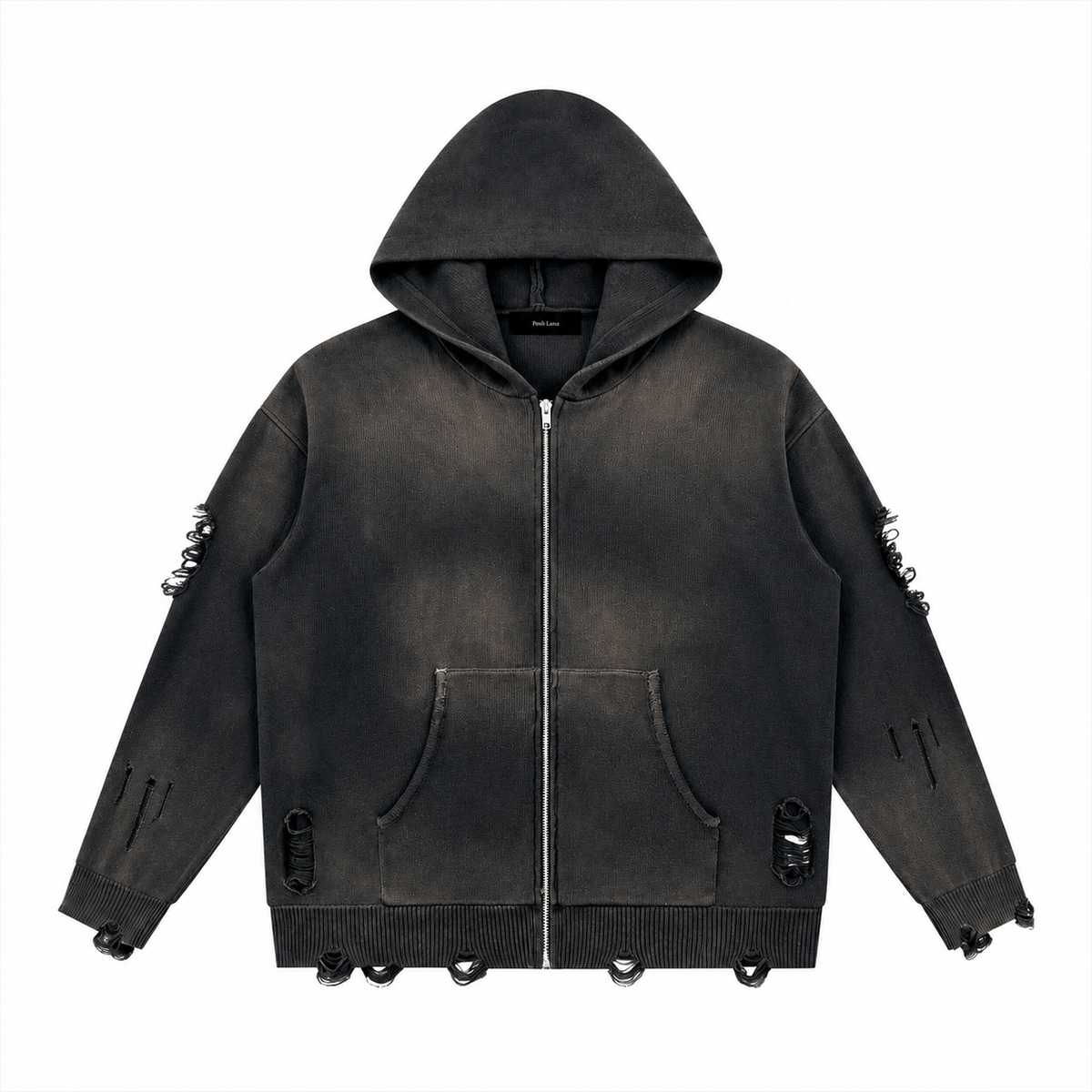 Unisex Distressed Full Zip Sweater Dark Gray DistressedCharcoalZip-UpHoodie