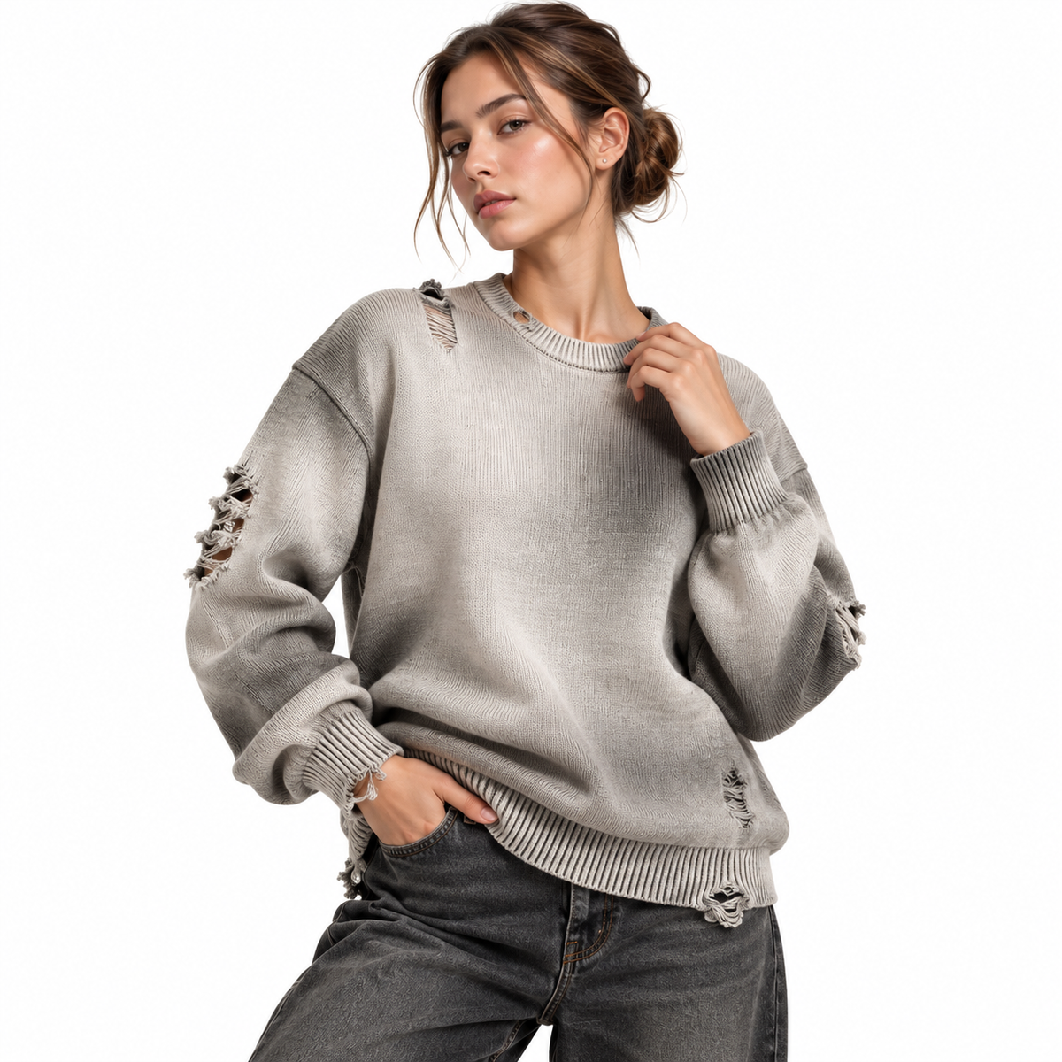 Sun Fade Distressed Ripped Crewneck sweater DistressedKnitFashionPortrait