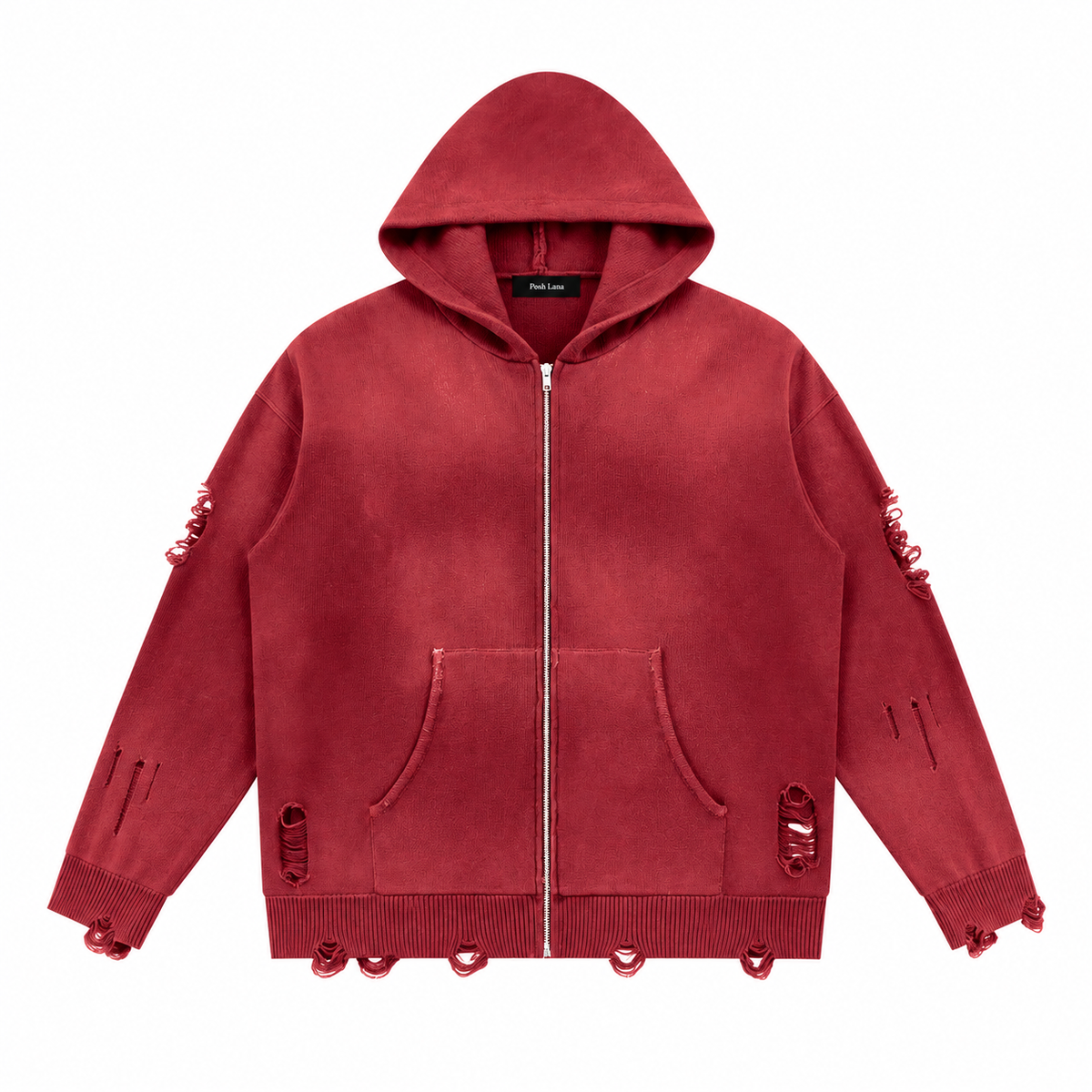Unisex Distressed Full Zip Sweater Red DistressedMaroonZip-UpHoodie