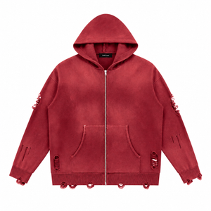 Unisex Distressed Full Zip Sweater Red DistressedMaroonZip-UpHoodie