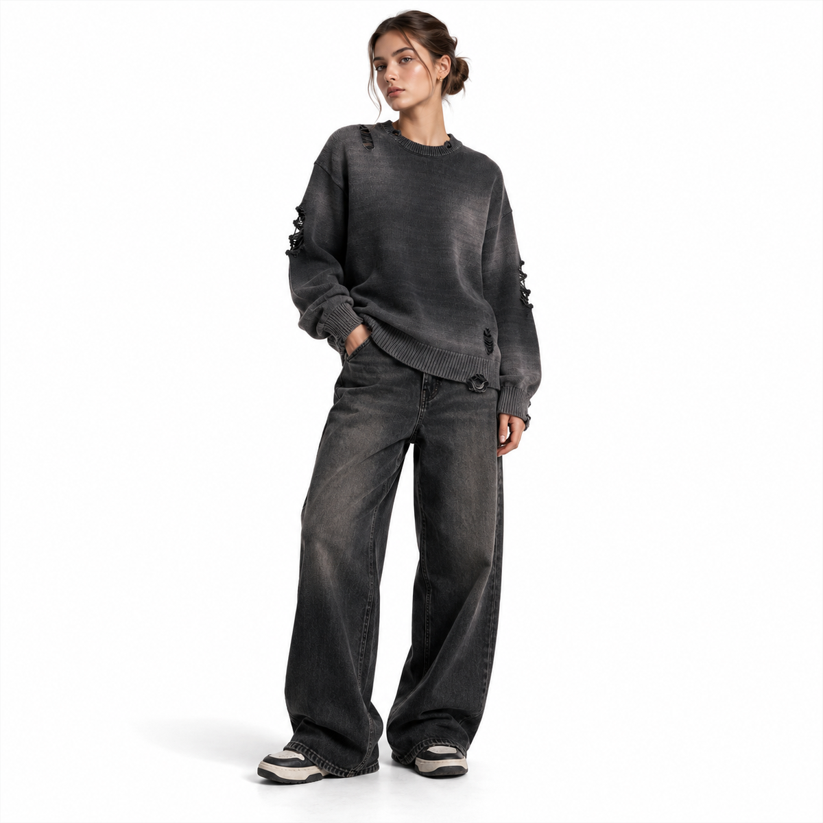 Sun Fade Distressed Ripped Crewneck sweater DistressedMonochromeStreetwearPortrait