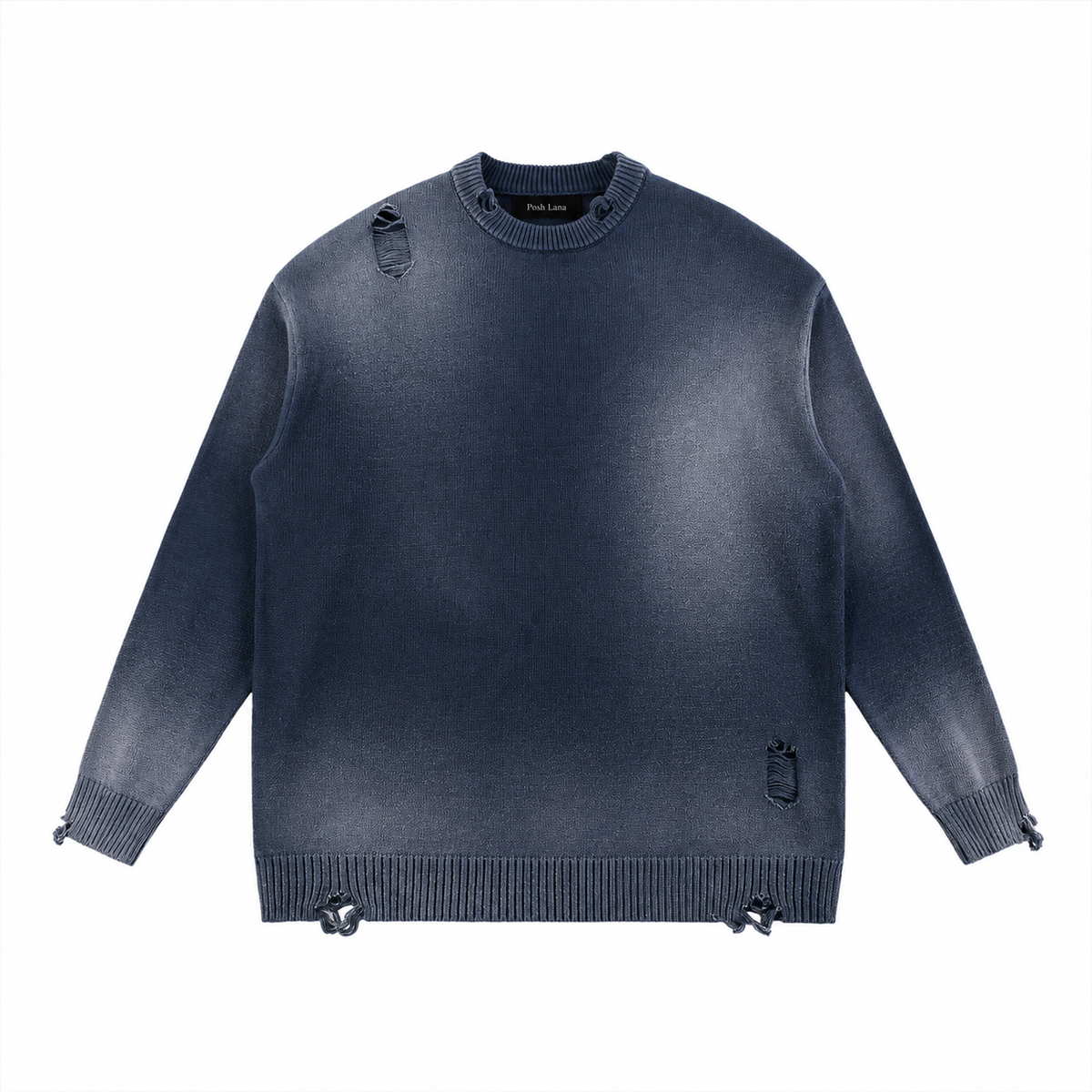 Sun Fade Distressed Ripped Crewneck sweater Navy Blue DistressedNavyKnitSweater