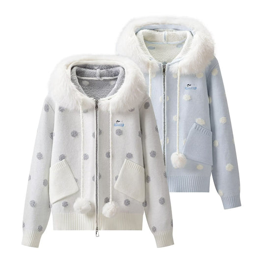 Hooded Fur-Collar Knit Jacket