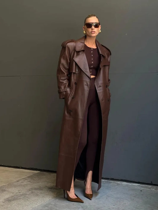 X-Long Faux Leather Belted Trench Coat