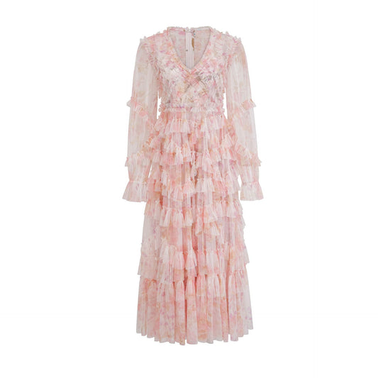Charming Chiffon Printed Long Sleeve Floral Dress Spring Vacation French Waist-Cinched Long Skirt European and American Women's Clothing