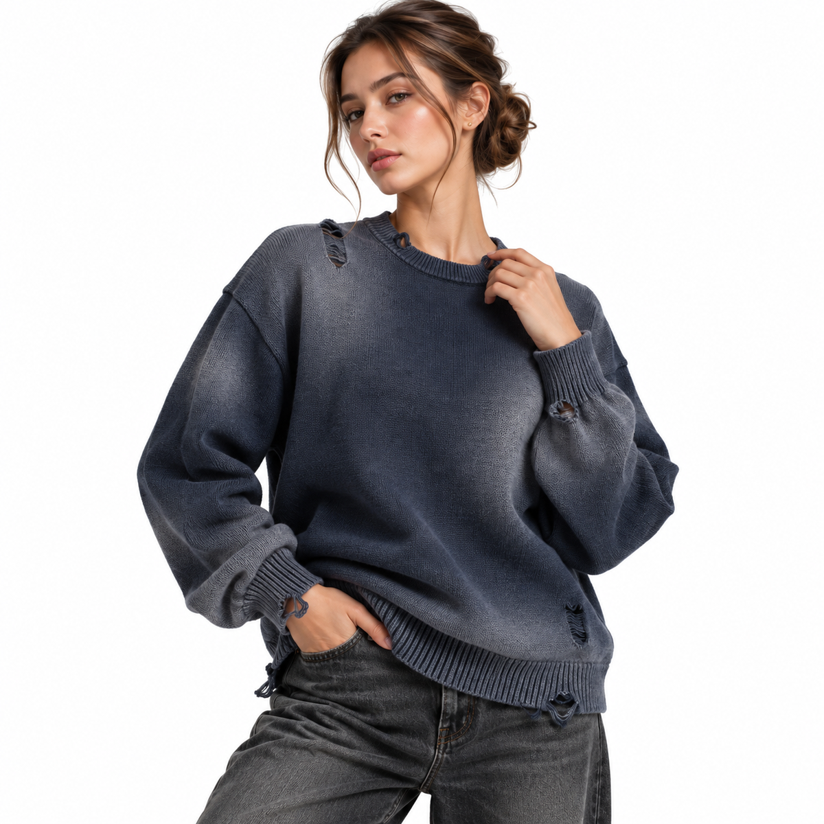 Sun Fade Distressed Ripped Crewneck sweater EditorialPortraitinaDistressedNavySweater