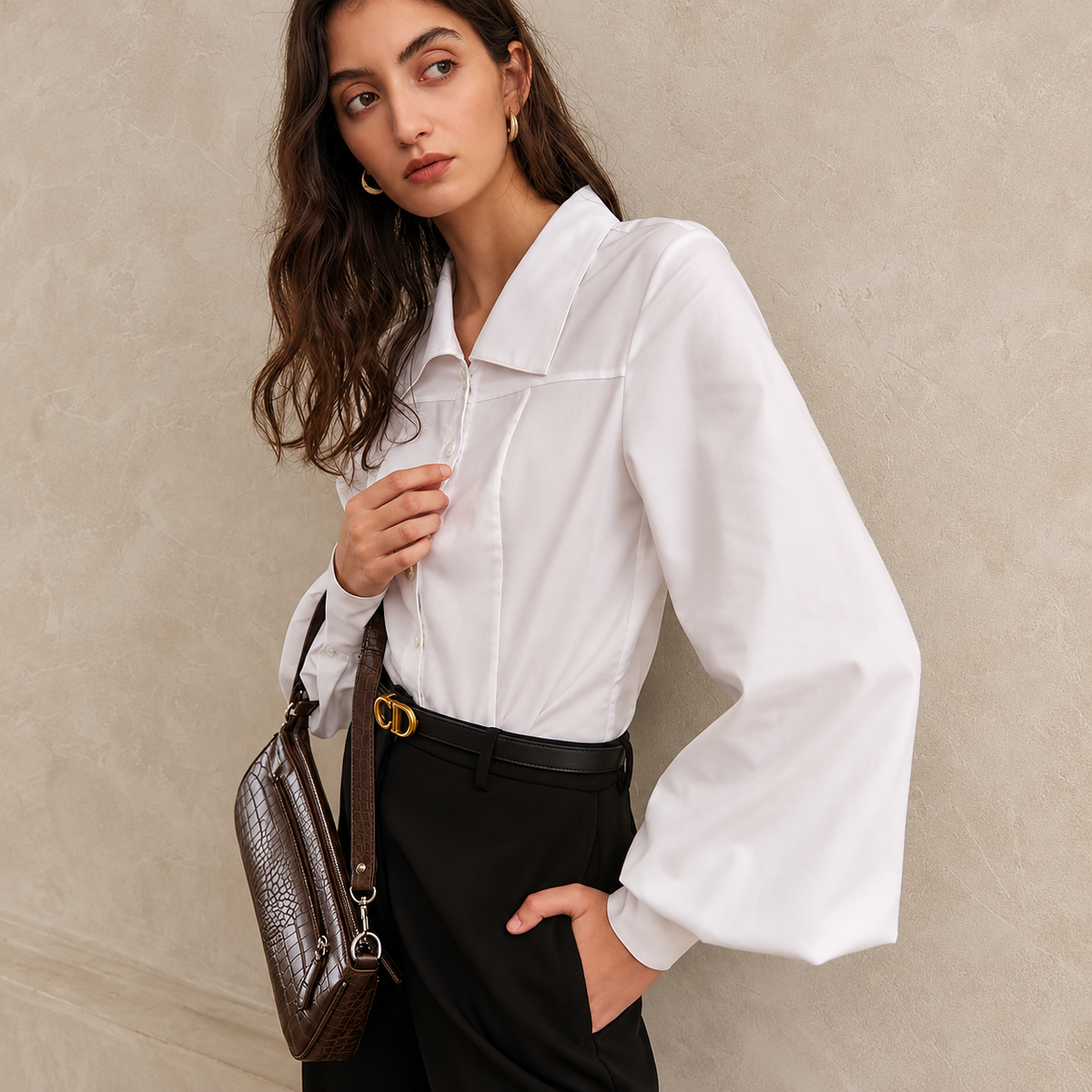 The Refined White Cotton-Blend Shirt EditorialPortraitwithCrocodileLeatherBag