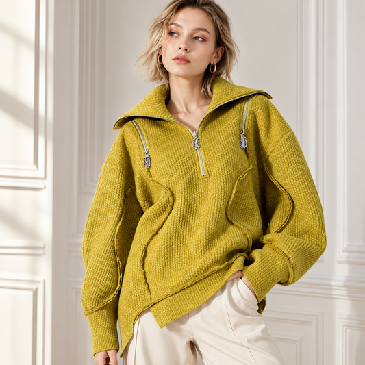 The Plush High-Neck Off-Shoulder Knit Coat Mustard Editorial_Mustard_Knit_Portrait