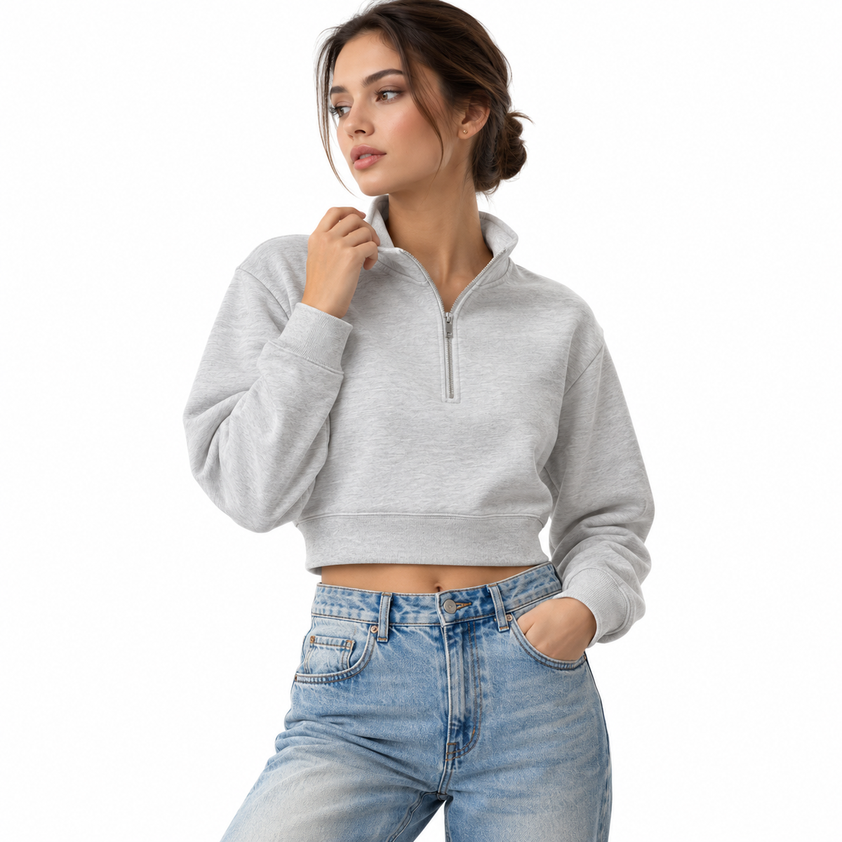 Women's Crop Quarter-Zip Sweatshirt EffortlessGrayPulloverPortrait