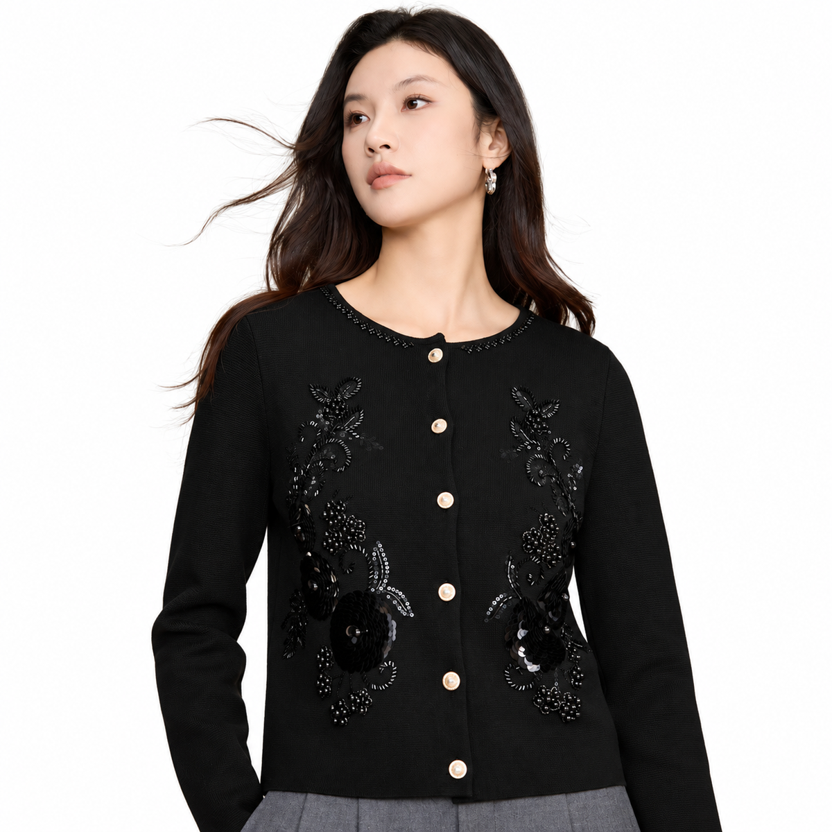 The Refined Round-Neck Knit Cardigan ElegantBlackEmbellishedCardiganPortrait.f