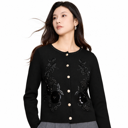 The Refined Round-Neck Knit Cardigan ElegantBlackEmbellishedCardiganPortrait.f