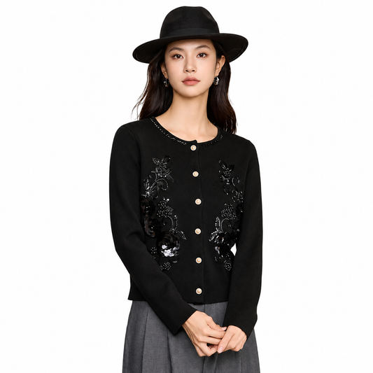 The Refined Round-Neck Knit Cardigan Black ElegantBlackEmbellishedCardiganPortrait
