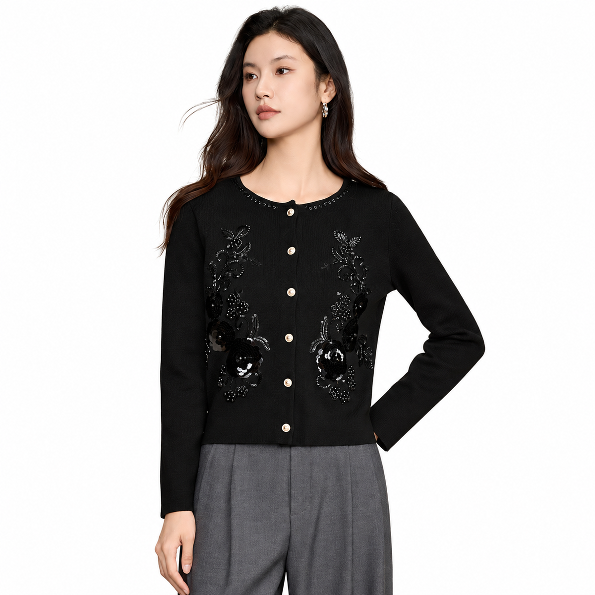 The Refined Round-Neck Knit Cardigan ElegantBlackEmbellishedCardiganPortrait2