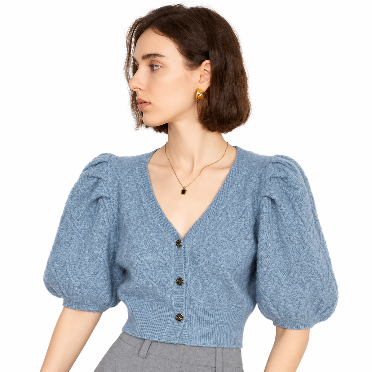 The Sculpted Puff-Sleeve V-Neck Cardigan BLUE ElegantBlueKnitProfilePortrait