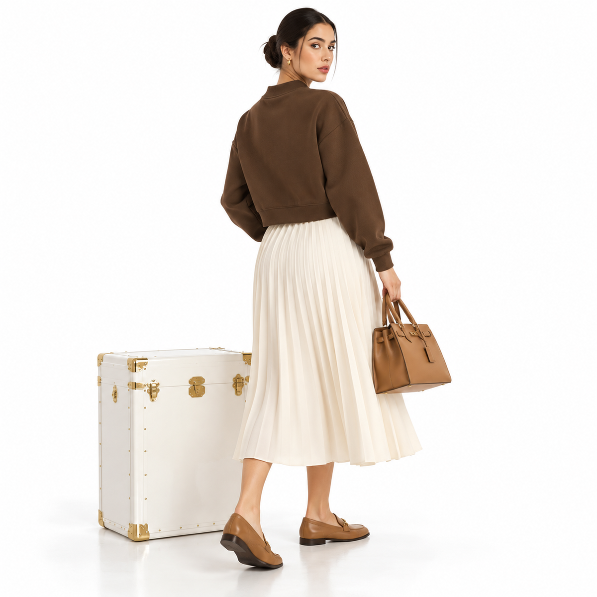 The Relaxed Fleece Mock-Neck Brown Sweatshirt ElegantFashionPortraitwithWhiteTrunk