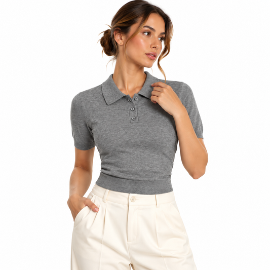 The Boxy Cotton Half-Button Polo Shirt ElegantGrayPoloPortrait