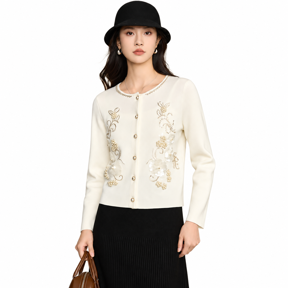 The Refined Round-Neck Knit Cardigan ElegantIvoryCardiganFashionPortrait