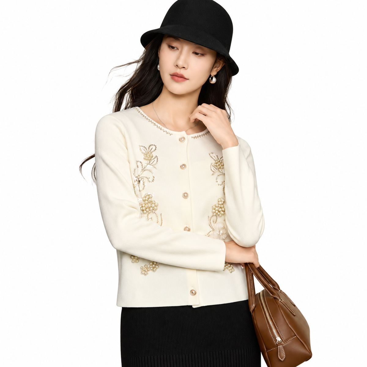 The Refined Round-Neck Knit Cardigan ElegantIvoryEmbellishedCardiganPortrait