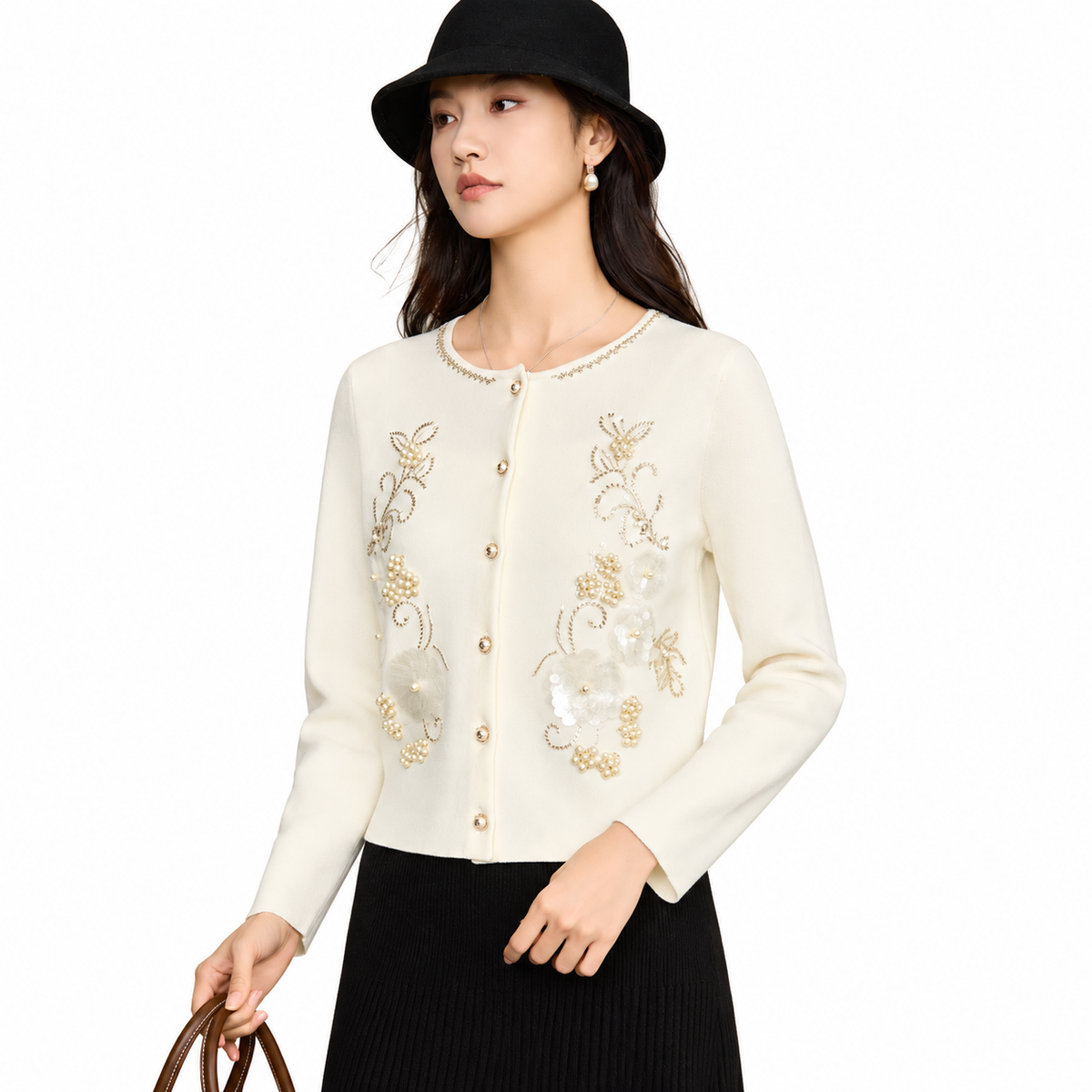 The Refined Round-Neck Knit Cardigan ElegantIvoryEmbroideredCardiganEnsemble