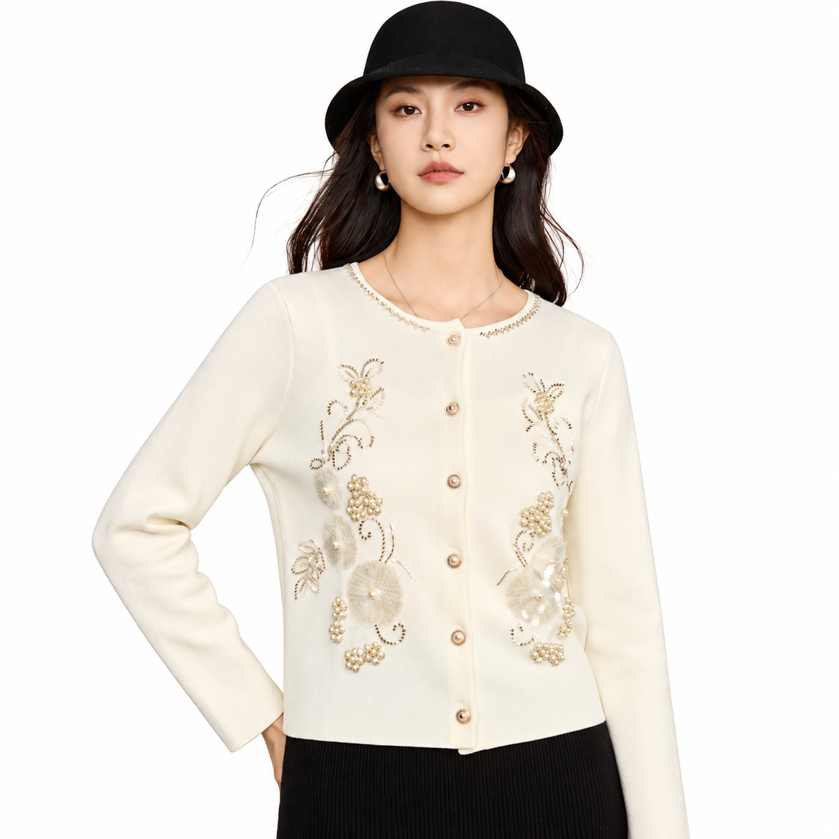 The Refined Round-Neck Knit Cardigan Ivory White ElegantIvoryFloralCardiganPortrait