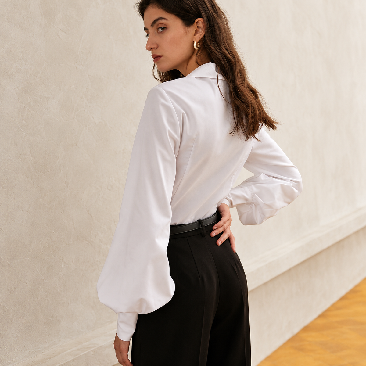 The Refined White Cotton-Blend Shirt ElegantOver-the-ShoulderEditorialPortrait