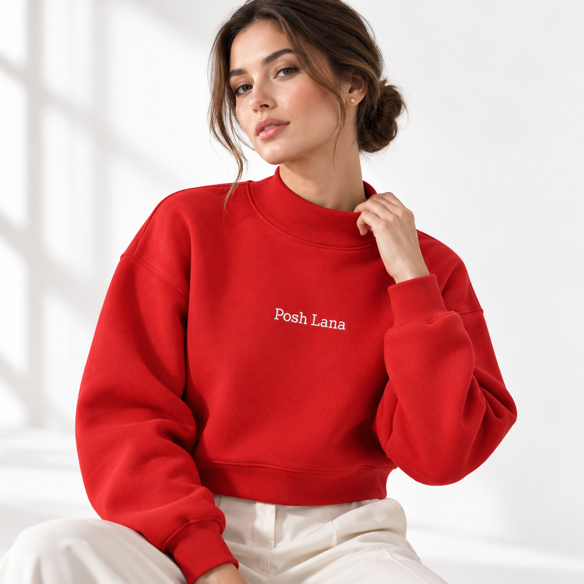 The Relaxed Fleece Mock-Neck Red Sweatshirt ElegantRedSweatshirtStudioPortrait