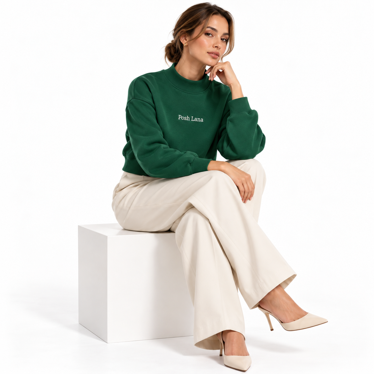 The Relaxed Fleece Mock-Neck Green Sweatshirt ElegantStudioFashionPortrait