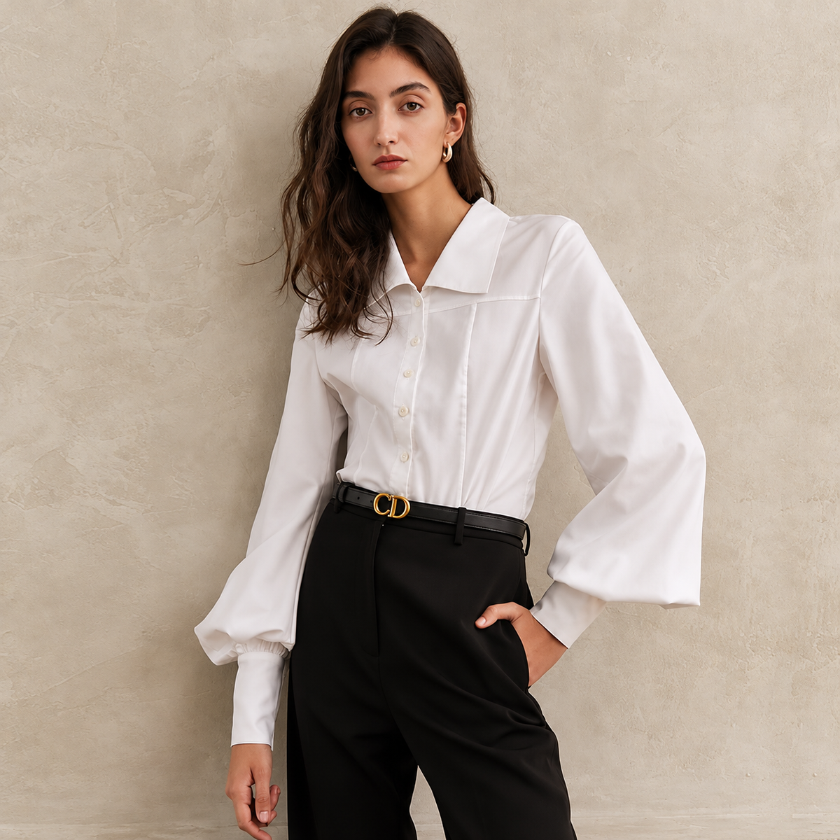 The Refined White Cotton-Blend Shirt ElegantWhiteBlouseEditorialPortrait