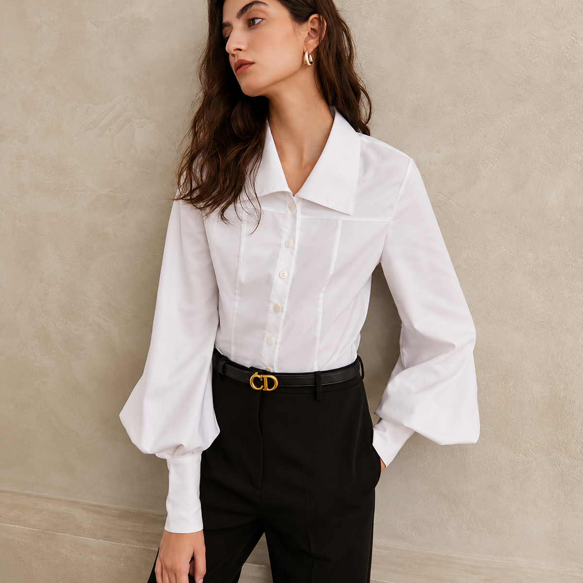 The Refined White Cotton-Blend Shirt ElegantWhiteBlouseandGoldBeltPortrait