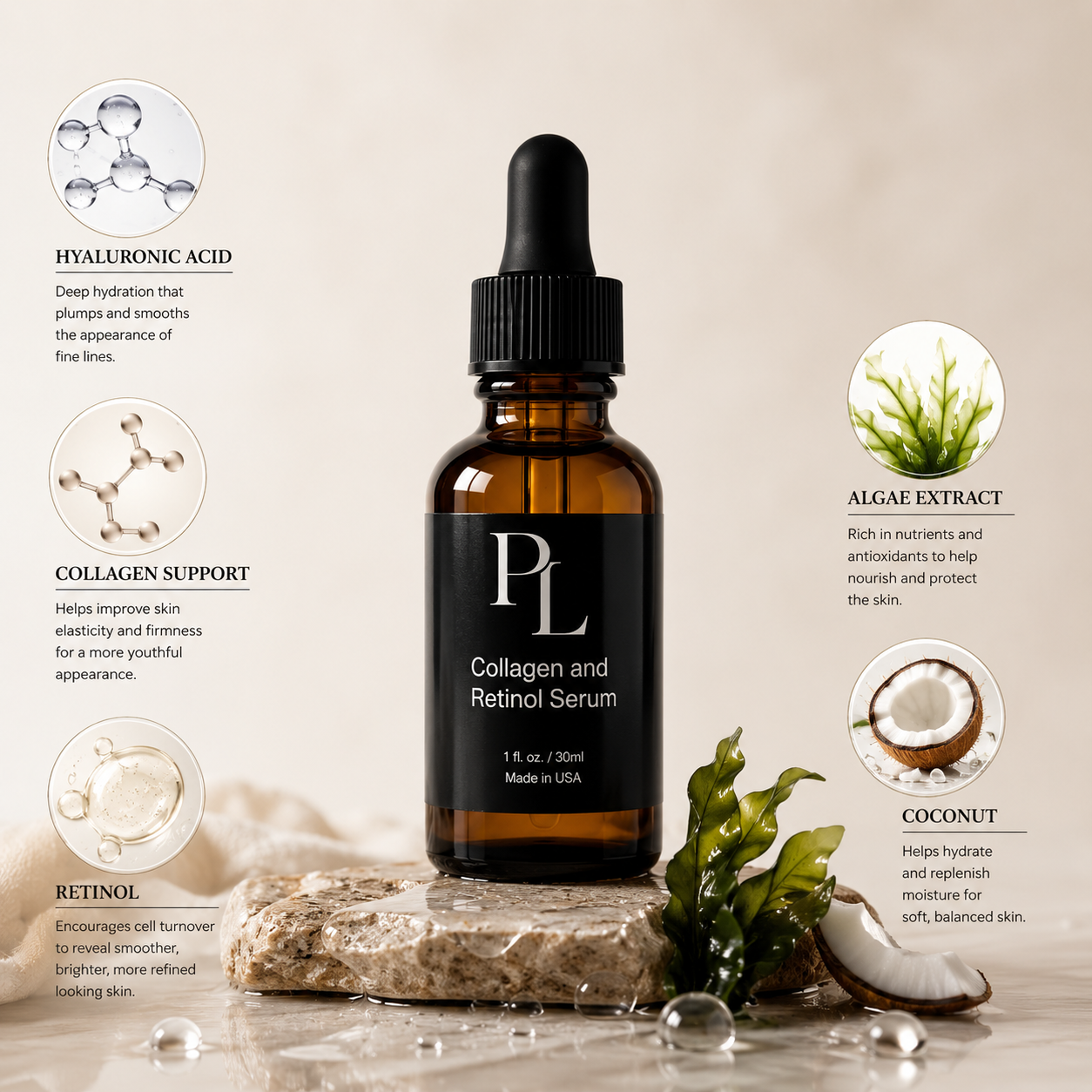 Collagen and Retinol Serum bottle with ingredients displayed on a neutral background