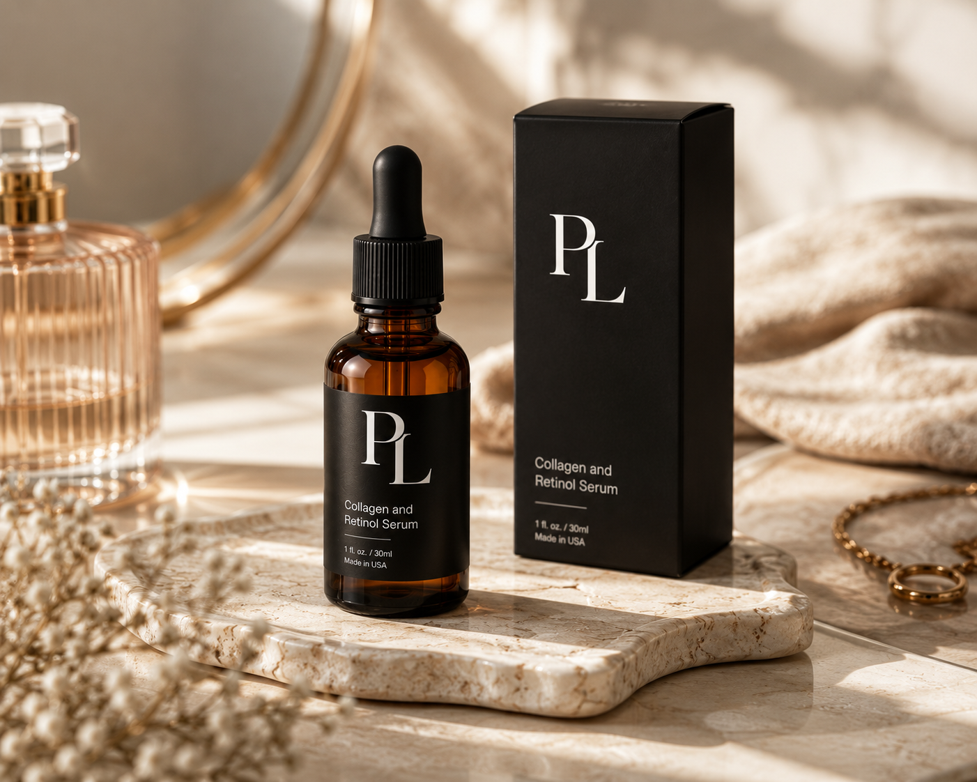 Collagen & Retinol Serum | Firming & Hydrating Formula Elegant_skincare_in_warm_tones
