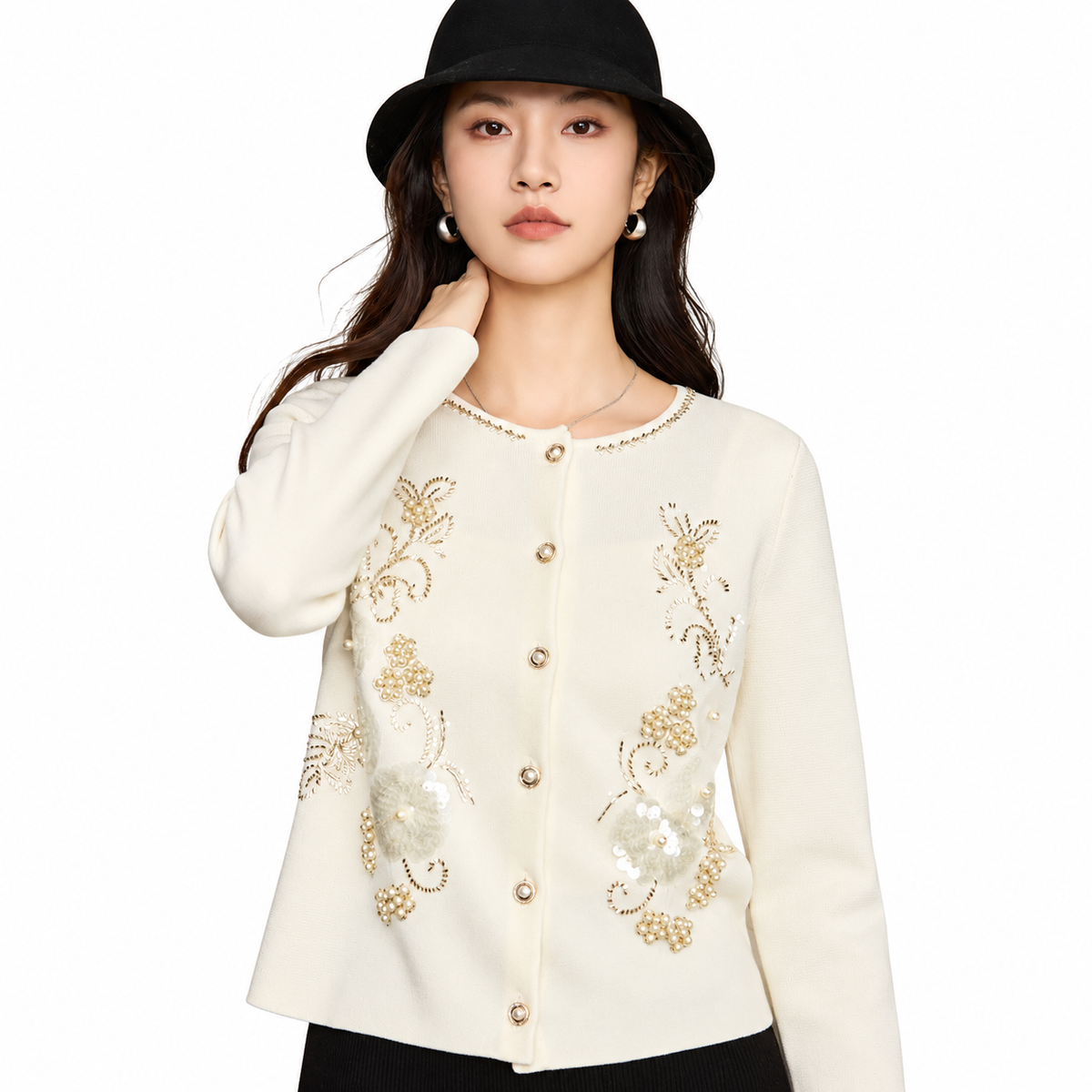 The Refined Round-Neck Knit Cardigan EmbellishedIvoryCardiganPortrait