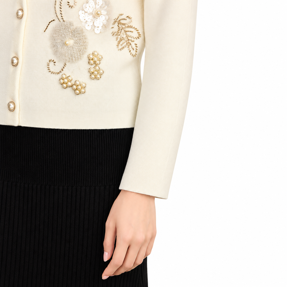The Refined Round-Neck Knit Cardigan EmbellishedIvoryCardiganandBlackRibbedSkirt