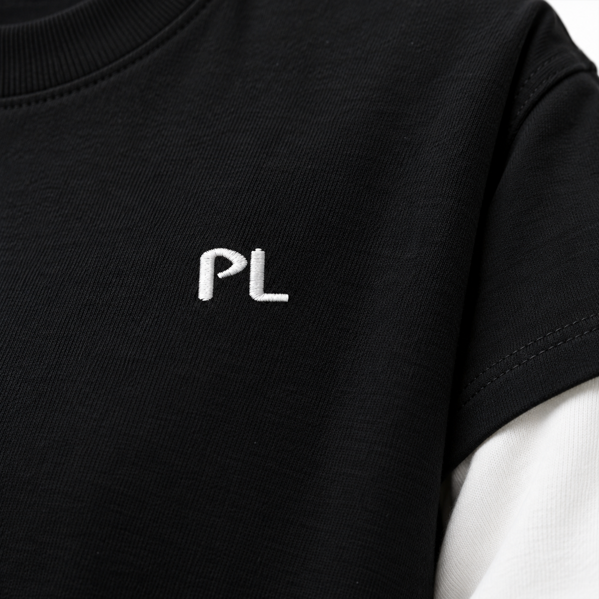 The Contrast Panel Long Sleeve Black Tee EmbroideredPLLogoonLayeredBlackTee