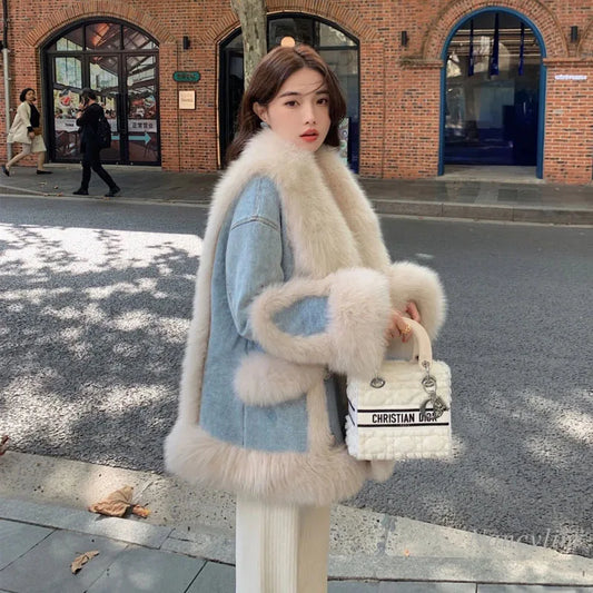 Denim & Faux Fur Spliced Coat