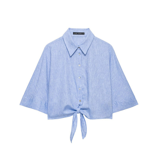 Bow-Detail Linen-Blend Short-Sleeve Shirt