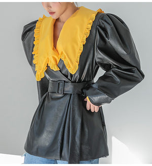 Spring Green PU Leather Belted Jacket Black F9A718616F3A2D596E987055CB4255C2