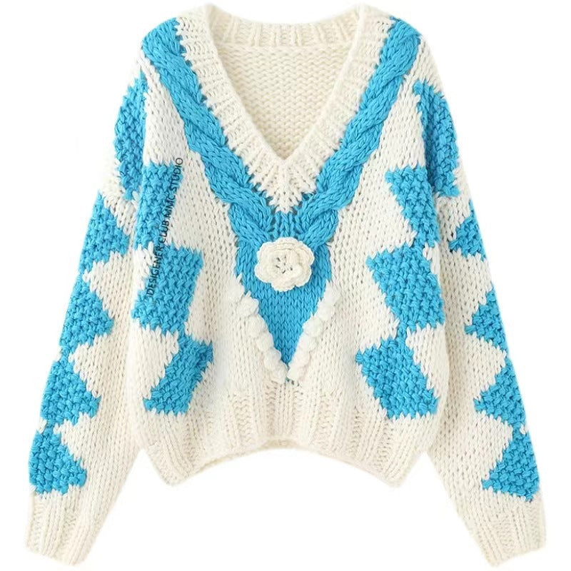 The Floral Diamond-Panel V-Neck Sweater Blue FAD5925A946627BBFDB8F5CC676469E0