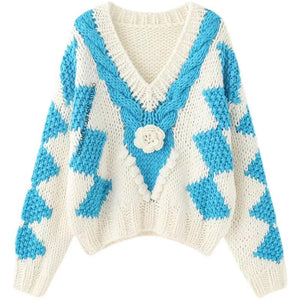 The Floral Diamond-Panel V-Neck Sweater Blue FAD5925A946627BBFDB8F5CC676469E0